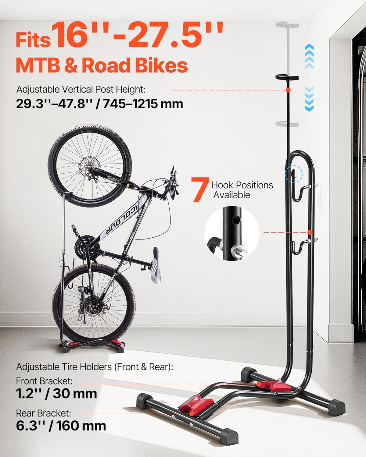 VEVOR Bike Rack, Upright Bike Stand Floor for 16 to 27.5 Inch Mountain & Road Bikes, Vertical & Horizontal Bicycle Stand for Secure Parking and Storage in Garage, Truck Bed, Indoor, Outdoor, Black