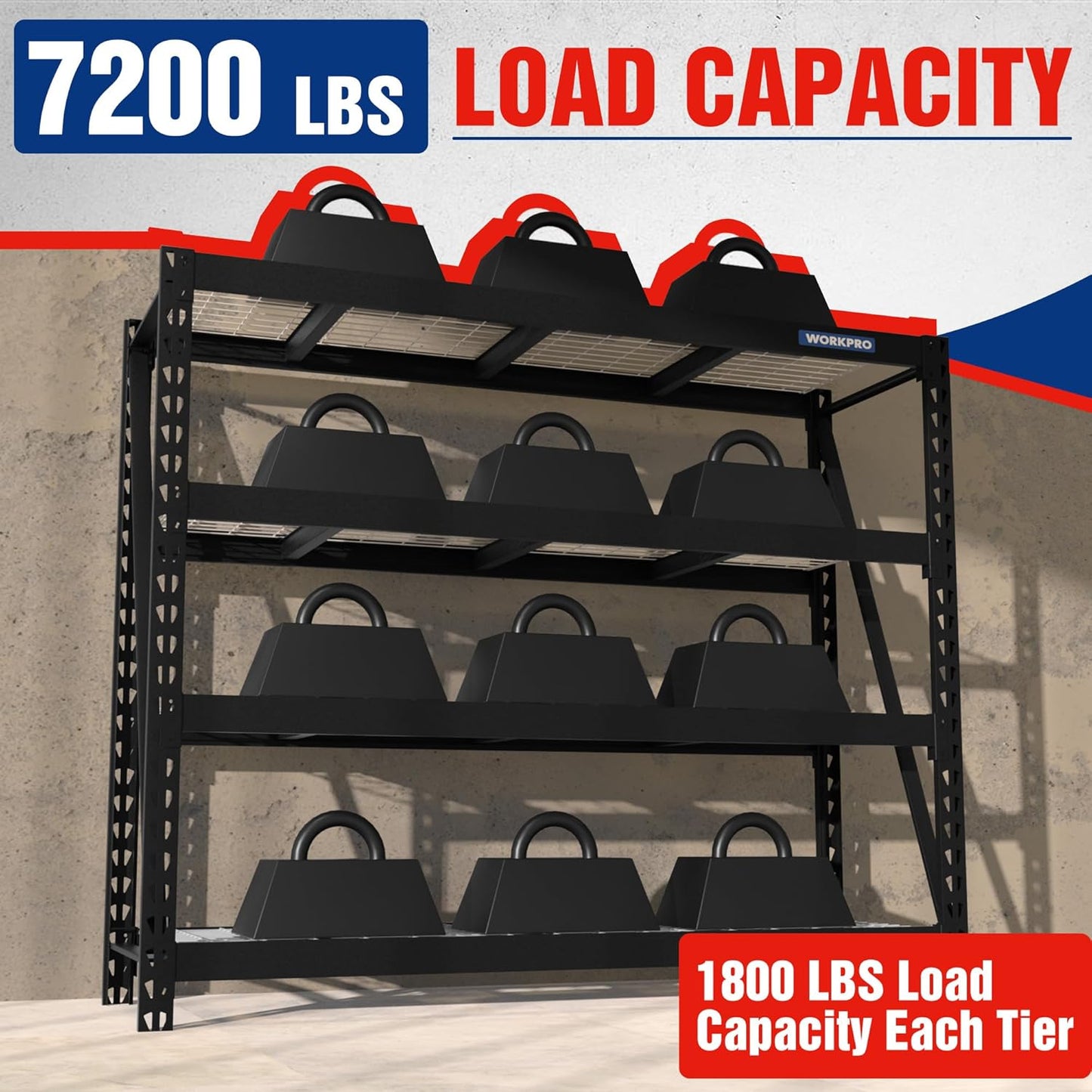 WORKPRO Garage Shelving, 68" W x 24" D x 65" H, 7200 LBS Load, Heavy Duty Metal Shelves for Storage, Industrial Storage Rack for Warehouse Kitchen Shop Basement, Black, Pack of 1