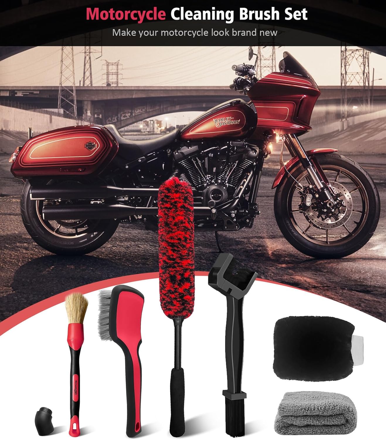 6PCS Motorcycle Cleaning Kit, Wool Wheel Brush, Tire and Chain Brush, Detailing Brush, Ultra Plush Microfiber Towel and Car Wash Mitt for Car Wheels Motorcycle Dirt Bike Cleaning Wash Kit