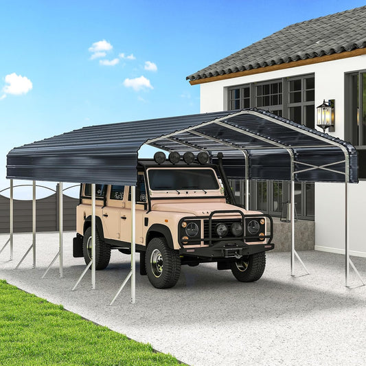 12x20' Heavy Duty Metal Carport – Sturdy Structure, All-Weather Protection, Easy Assembly for Cars, Trucks, Boats, Tractors, and Outdoor Storage (Grey, 12x20FT)