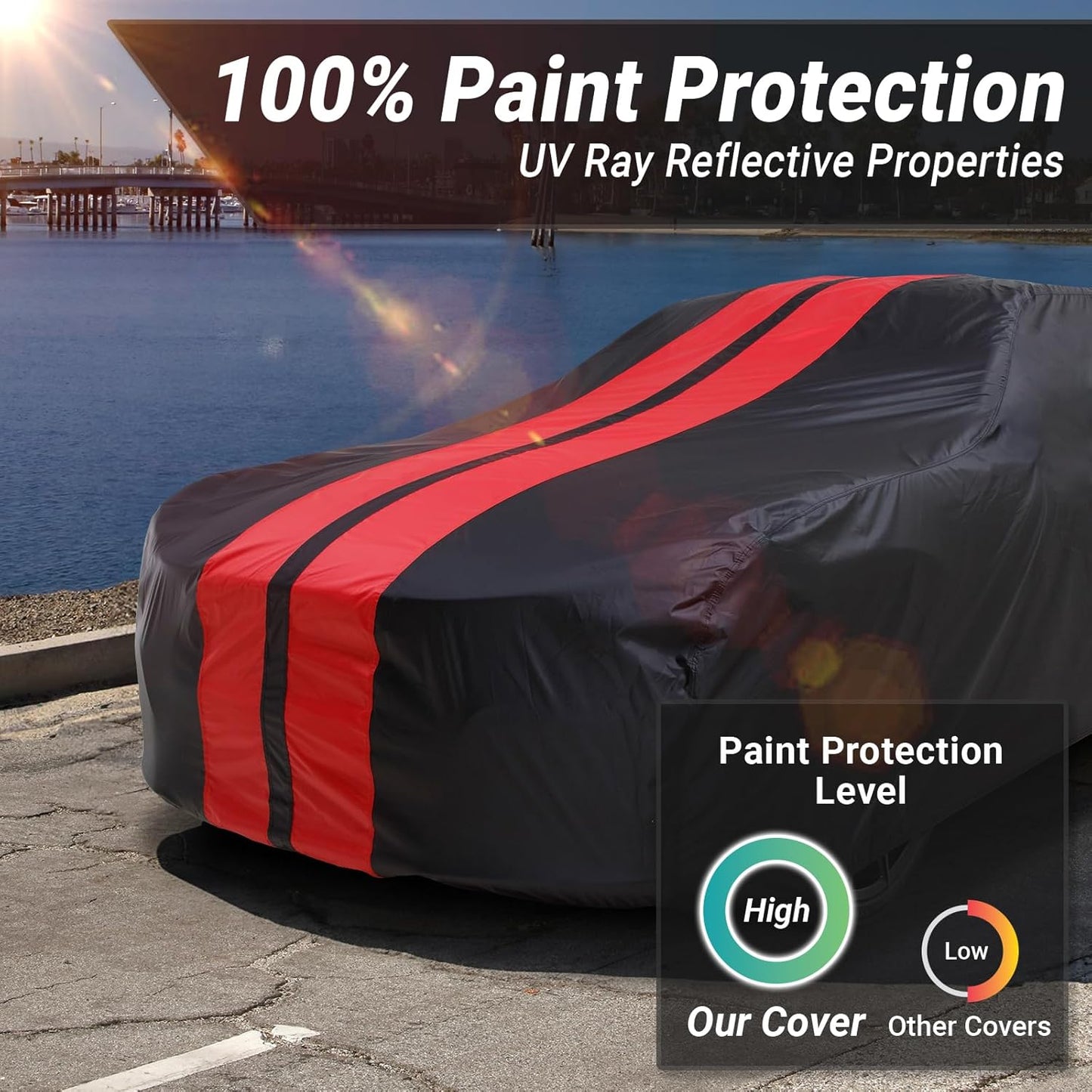 iCarCover Custom Car Cover for Chevy Corvair 2-Door, 4-Door (1960-1969) Waterproof All Weather Rain Snow UV Sun Protector Full Exterior Indoor Outdoor Car Cover (Stripe - Black/Red)