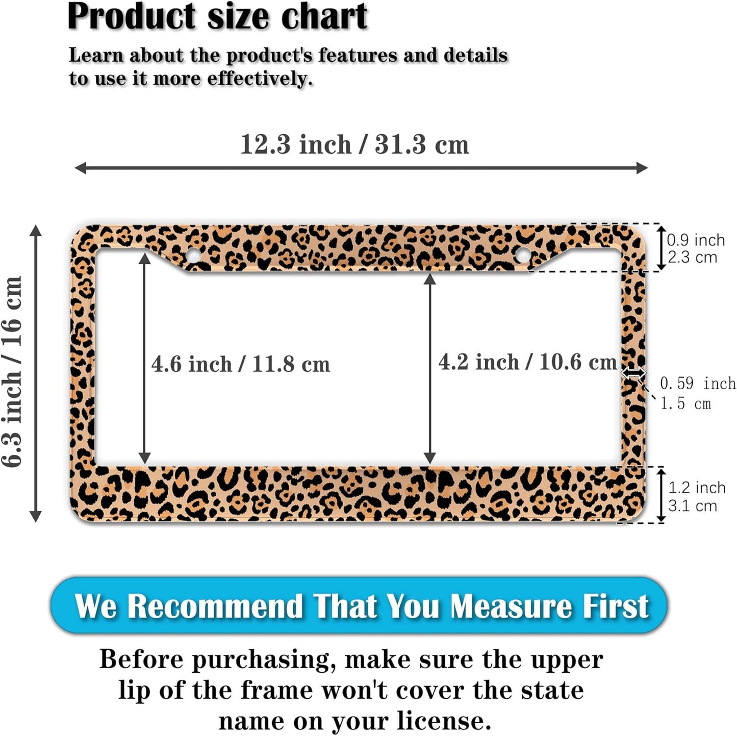 License Plate Frames Leopard Print Fun License Plate Frame Protector Cute Cheetah Texture Aluminum Metal Car Accessory 2 Pack with Screw Covers Set