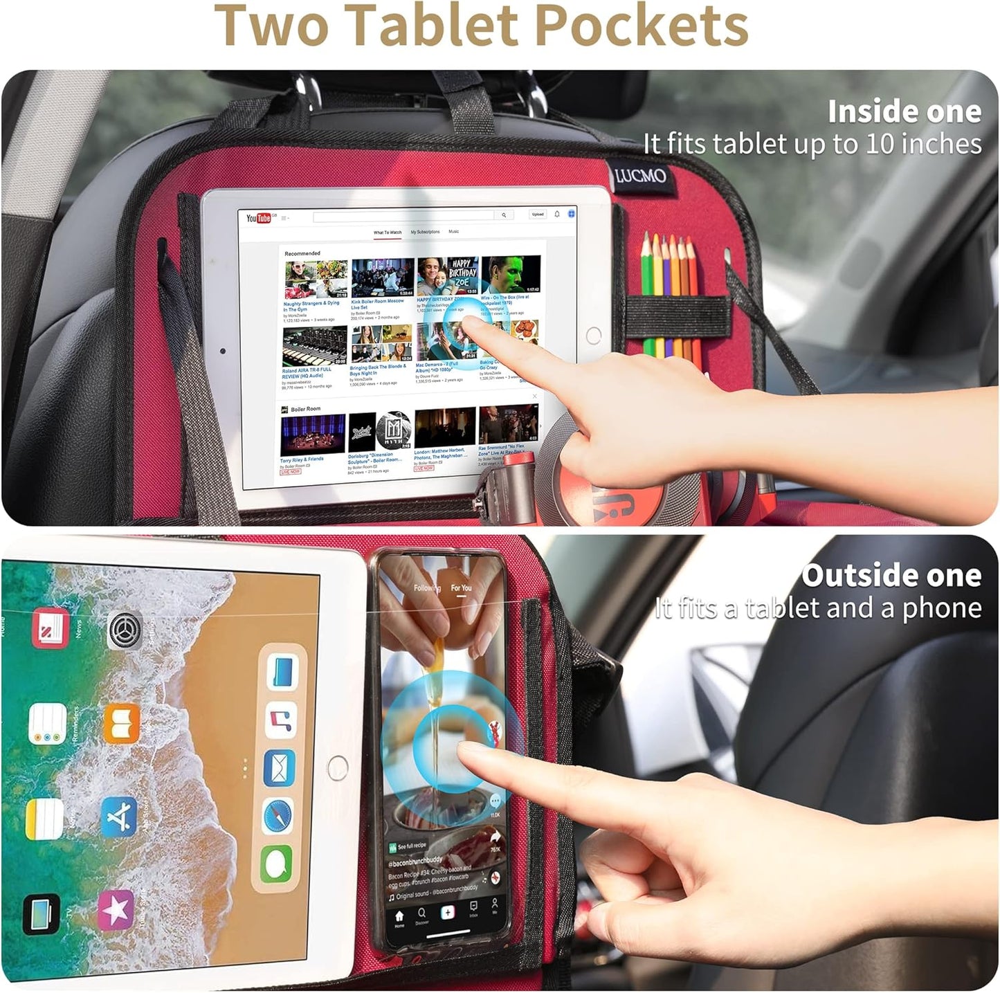 LUCMO Car Backseat Organizer with Tablet Holder,6 Storage Pockets Car Storage Organizer with Foldable Food Tray,Seat Protectors Kick Mats Travel Accessories-Red