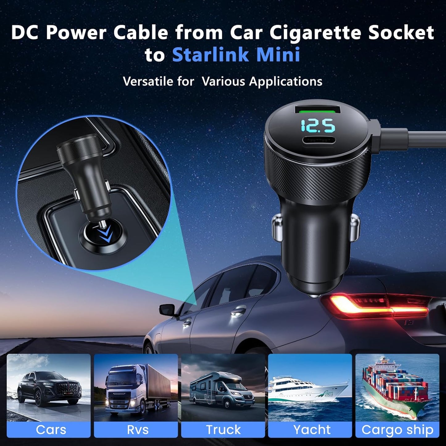 3-in-1 Starlink Mini Cable, Car Charger with Digital Display | 40W USB-C PD & 35W USB-A Ports | All-Weather Shielded Cable for RV, Truck, Boat (12V-48V) (16.4ft)
