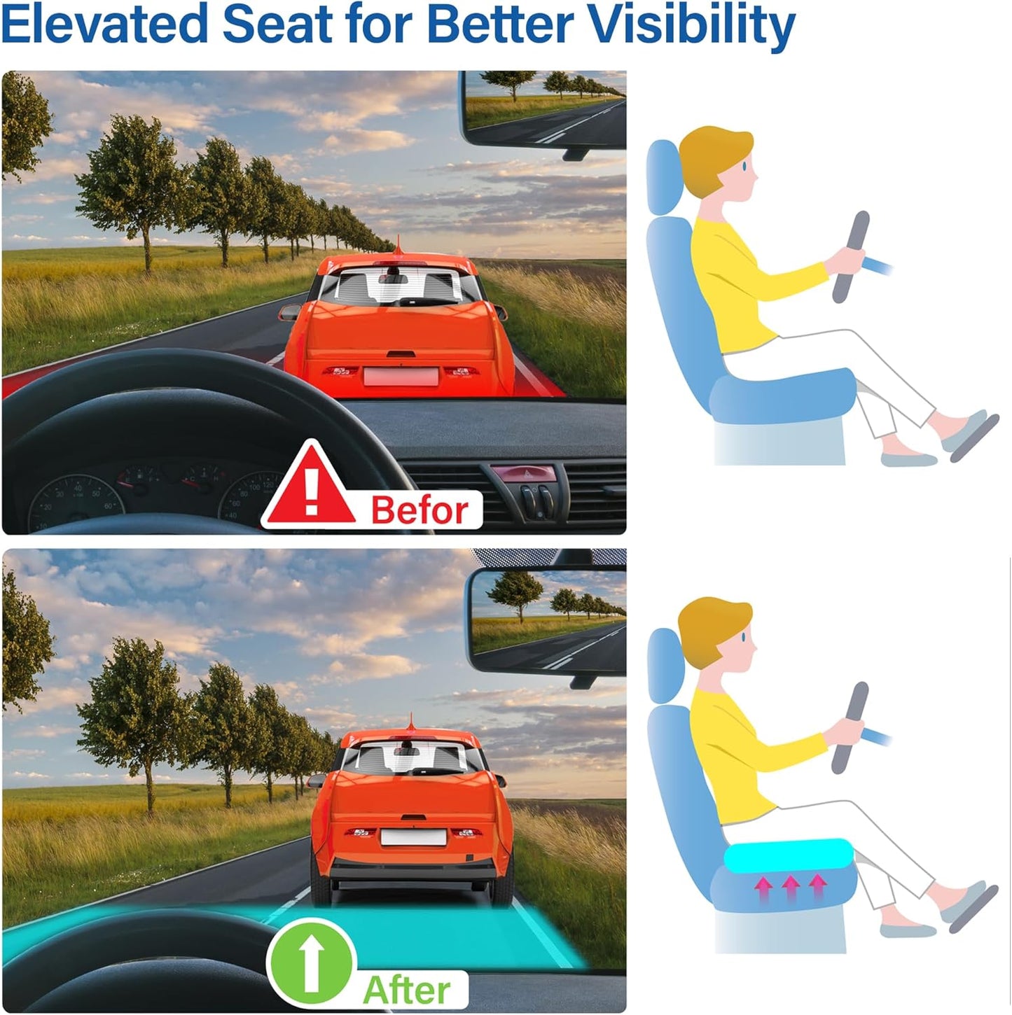 Car Seat Cushion, Ergonomic Memory Foam Car Cushion for Sciatica Pain Relief, Larger Driving Seat Pillow for Short Drivers on Long Drives - Butt Pillow for Truck, Office, Wheelchair - Blue&Gray