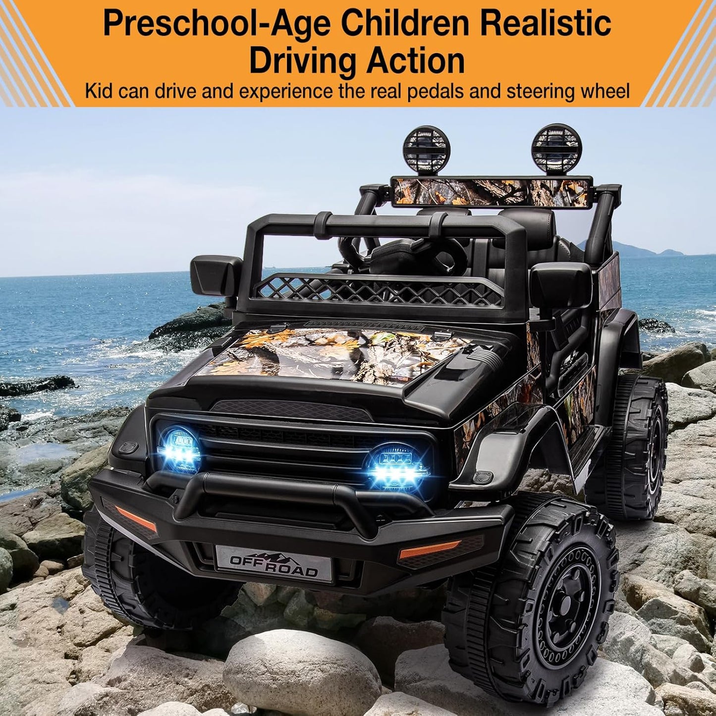 Garvee 12V Kids Ride On Truck Car with Remote Control - Electric Ride On Toys for Toddlers, Spring Suspension, 3 Speeds, LED Lights, Bluetooth Music & Parent Safety Brake