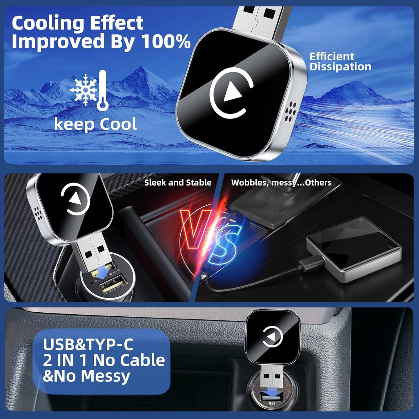 Wireless CarPlay Adapter for iPhone, Convert Wired to Wireless CarPlay Adapter, Mini Size with Extension Cable USB & USB-C/Type-C, Stable Car Control & No Delay