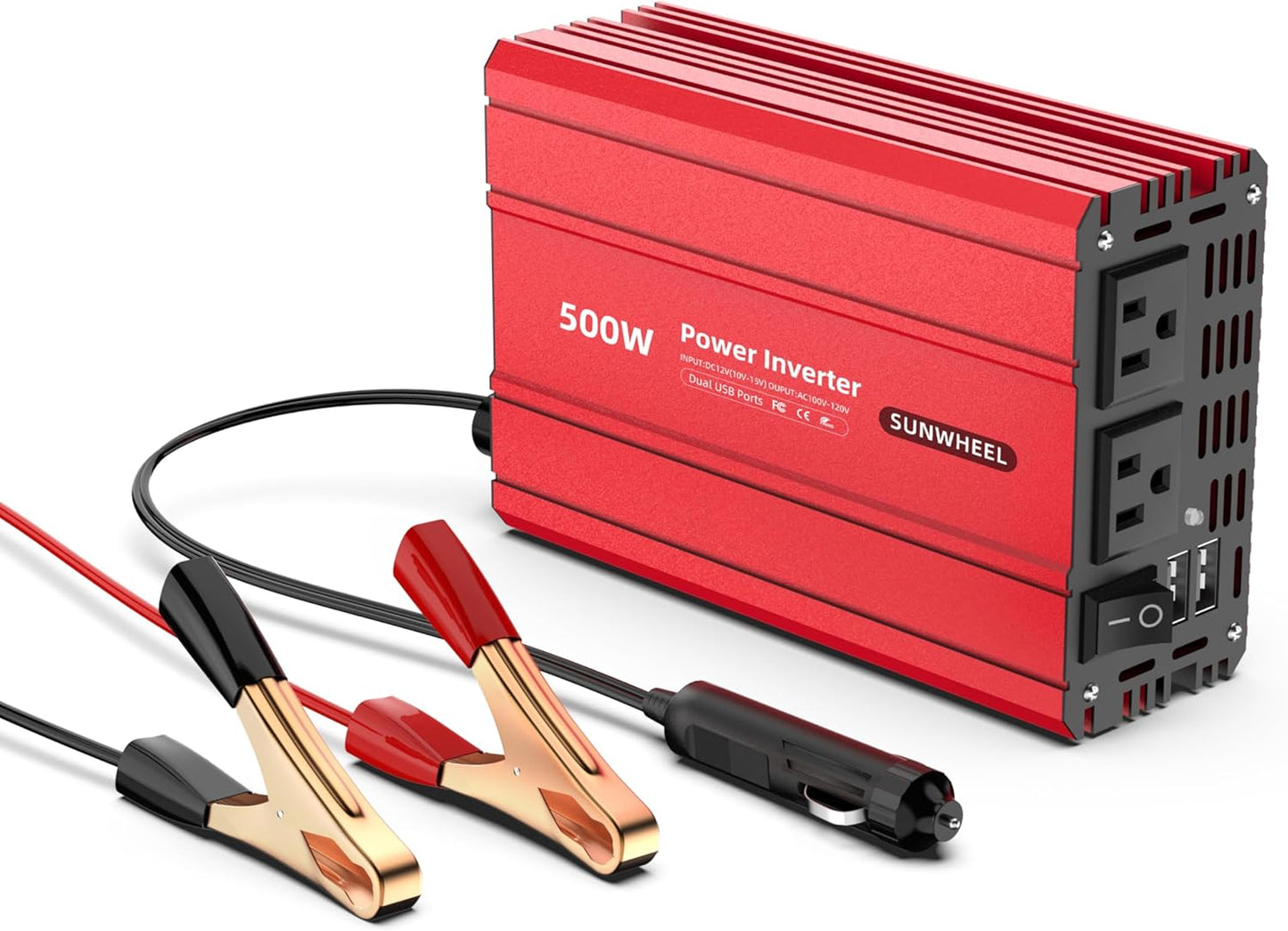 SUNWHEEL 500W Power Inverter DC 12V to 110V AC Car Inverter with 2 x 3.1A USB Ports and Dual AC Outlet, Equipped with 1 Cigarette Lighter and 2 Battery Clamps for Road Trip and Camping