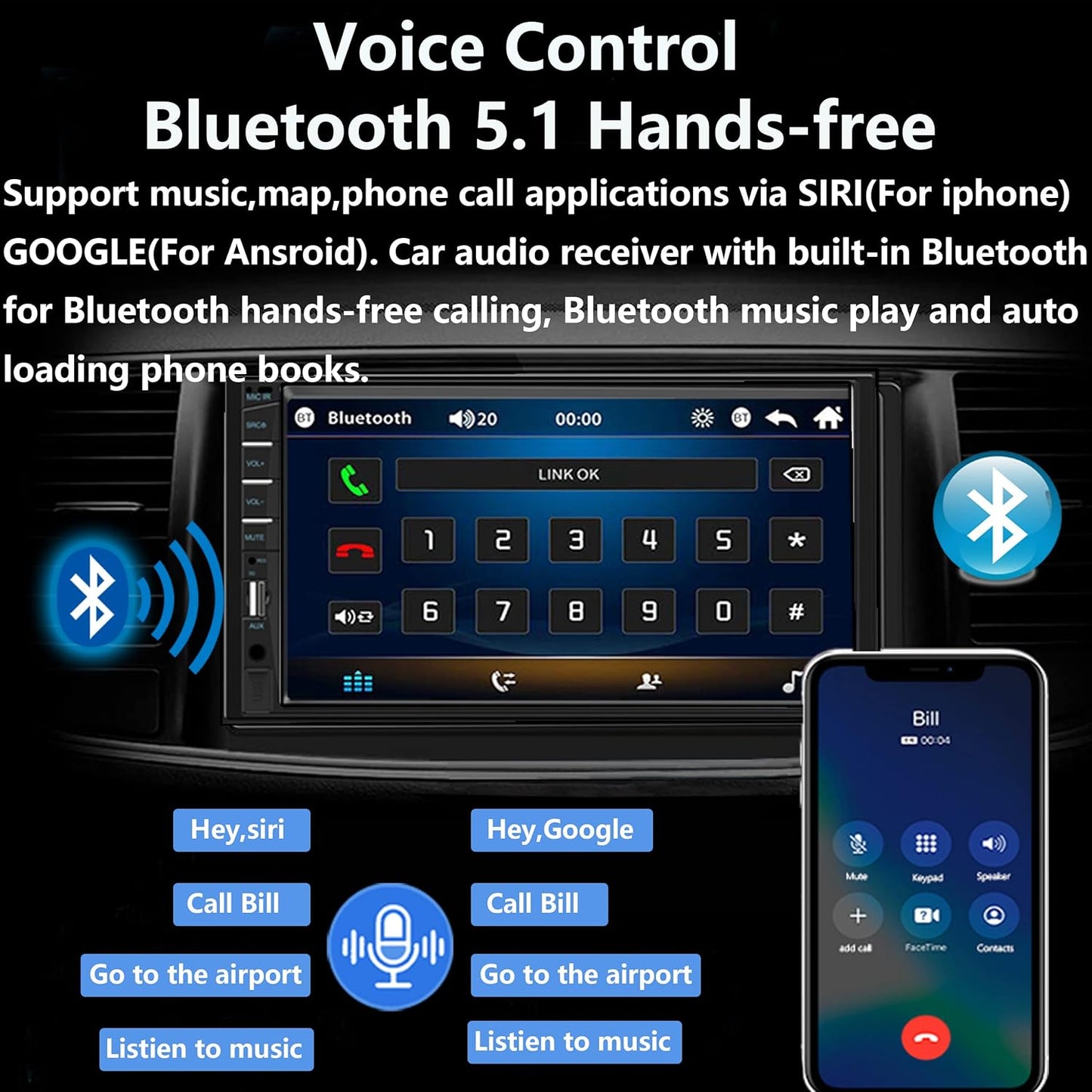 Naifay Double Din Car Stereo with Dash Cam | 7INCH Touchscreen Car Radio Receivers Support with Apple Carplay & Android Auto, Bluetooth, Backup Camera, Mirror Link, Voice Control, SWC, FM/USB/TF/AUX