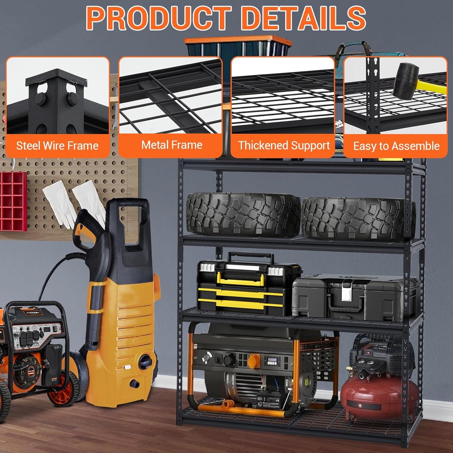 400LBS Storage Shelves，71" H x 48'' W x 24" D Storage Shelves, 5-Tier Industrial Heavy Duty Storage Shelves, Steel Shelving with Adjustable Rack, Black