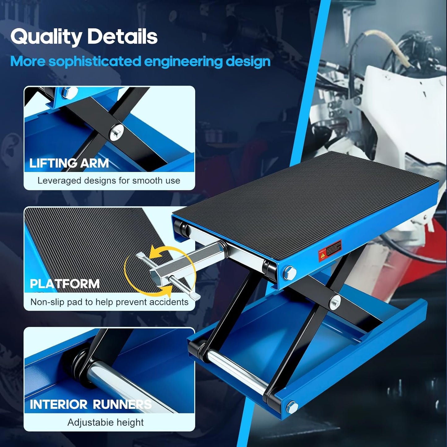 Motorcycle Lift Scissor Jack, 1200 LB Capacity Wide Deck Hoist Stand Maintenance Bikes ATVs Garage Repair Center Stand Lift Jack, Blue