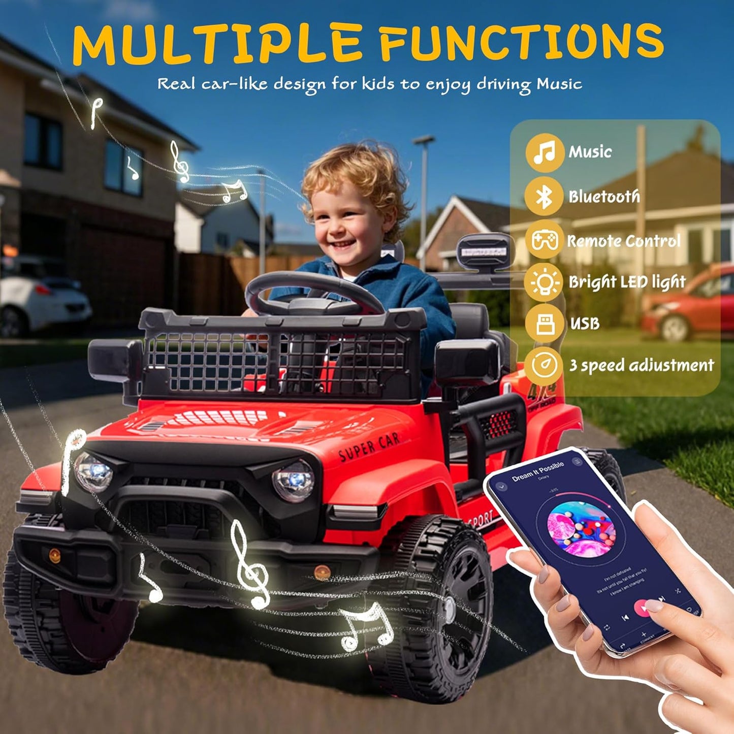 24V Ride on Toys with Parents Control, Ride on TruckCar with Four-Wheel Suspension, Electric Vehicles for Kids, PowerDisplay, Bluetooth, MP3, Music, LED Headlight, 1.86-3.11MPH (Red)