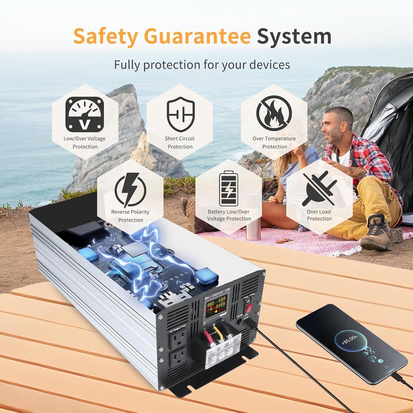 5000 Watt Pure Sine Wave Power Inverter DC 24V to 110V/120V AC Converter with 2 AC,5V 2.4A USB Charging Ports, Car Solar Power Inverters with LCD Display for Home RV Truck