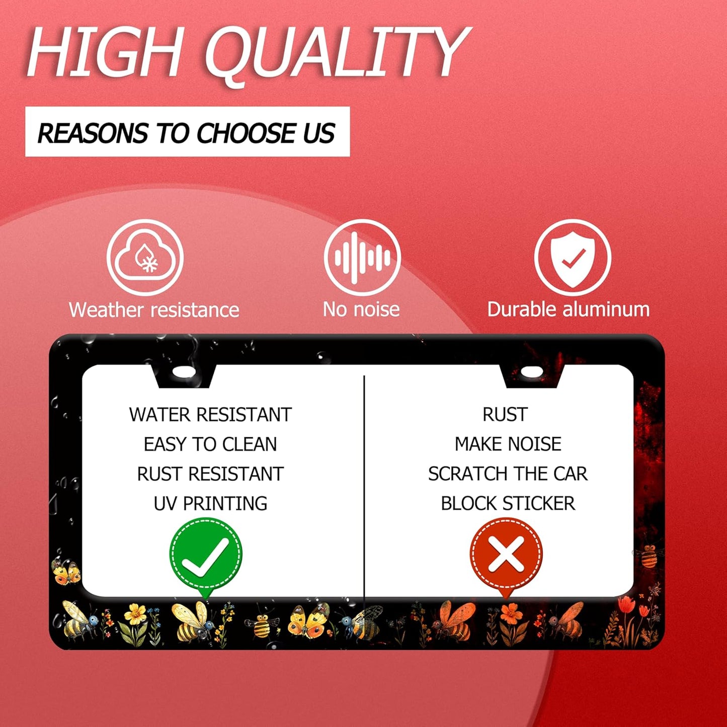 Queen Bee License Plate Frame Beautiful Butterfly Flower License Plate Holder Funny Stainless Steel Accessories Cars Decor with 2 Holes and Screws Fits Standard Us Ca Vehicles 12.2 X 6 Inch