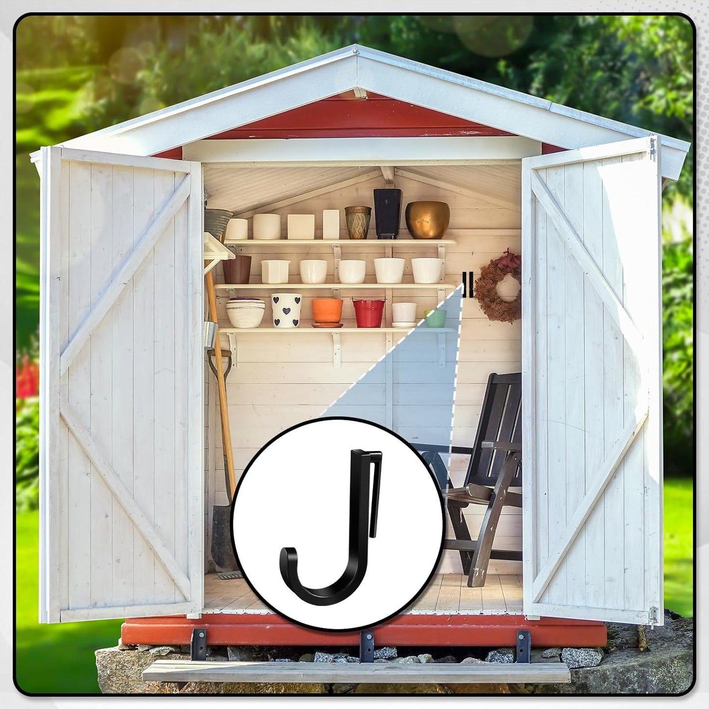 4 Pcs J Tool Hooks Plastic Multi Purpose Shed Organizer Accessories for Wall Black Shed Hanger Storage for Garage Hanging Shovel Rake Sports Equipment