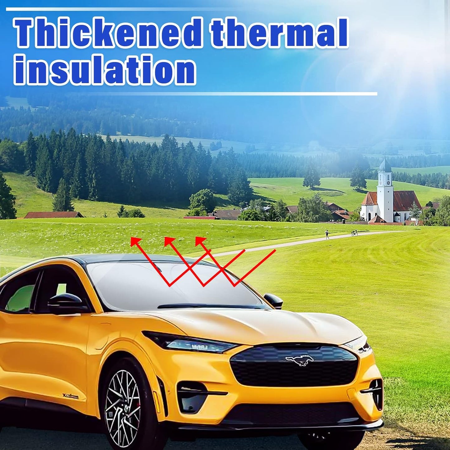 Sze Windshield Sunshade for 2021-2022 2023 2024 2025 Ford Mustang Mach-E, Foldable Front Window Sun Shade UV Reflector Sun Visor Privacy Protection Light Weight Keep Vehicle Cool-New Upgrade Sunshade