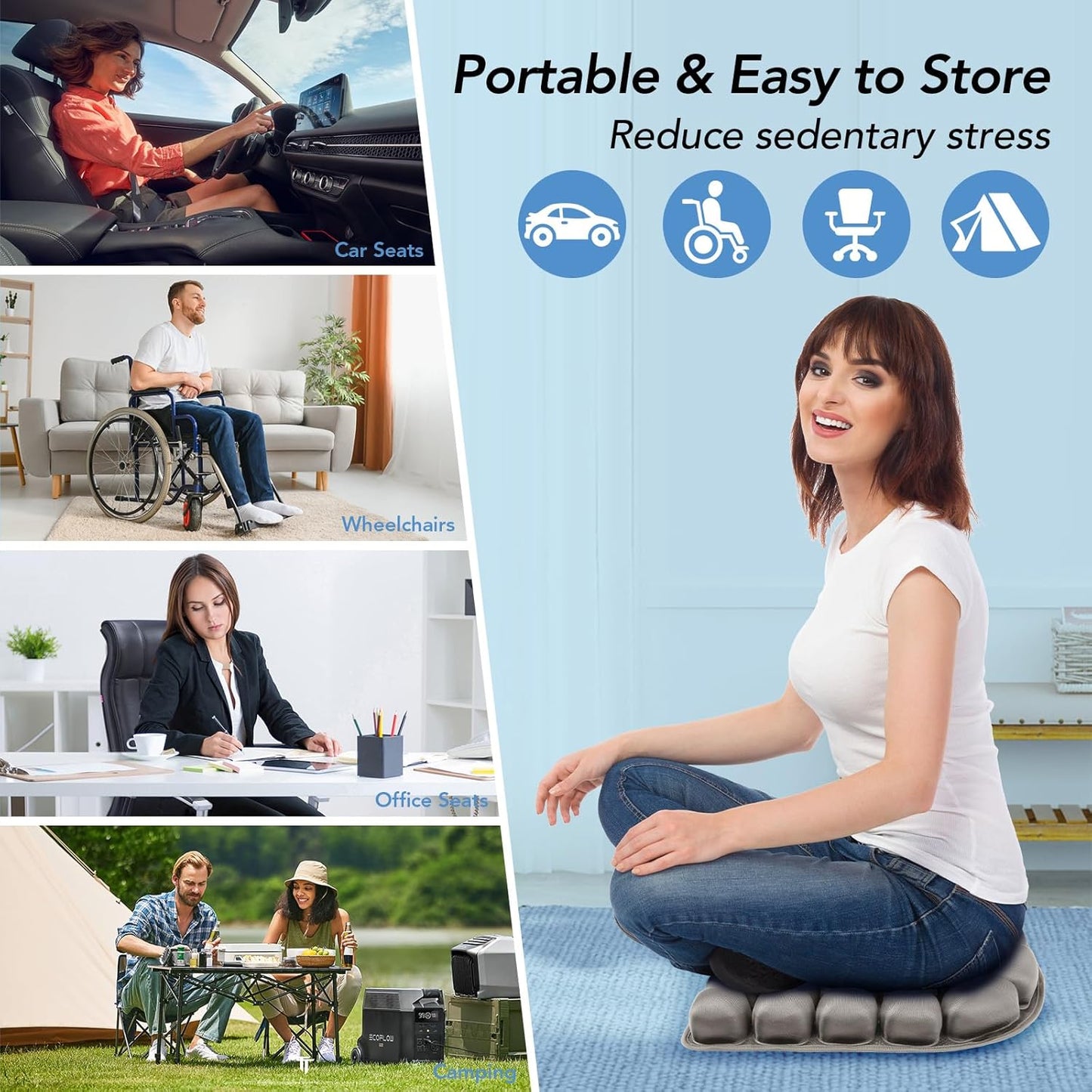 Travel Seat Cushion, 3D Air Inflatable Pressure Relief Cushion for Hemorrhoid and Tailbone Pain Relief, Optimal Support for Long Sitting in Car, Air Travel, Office Chairs, Home Living (Grey)