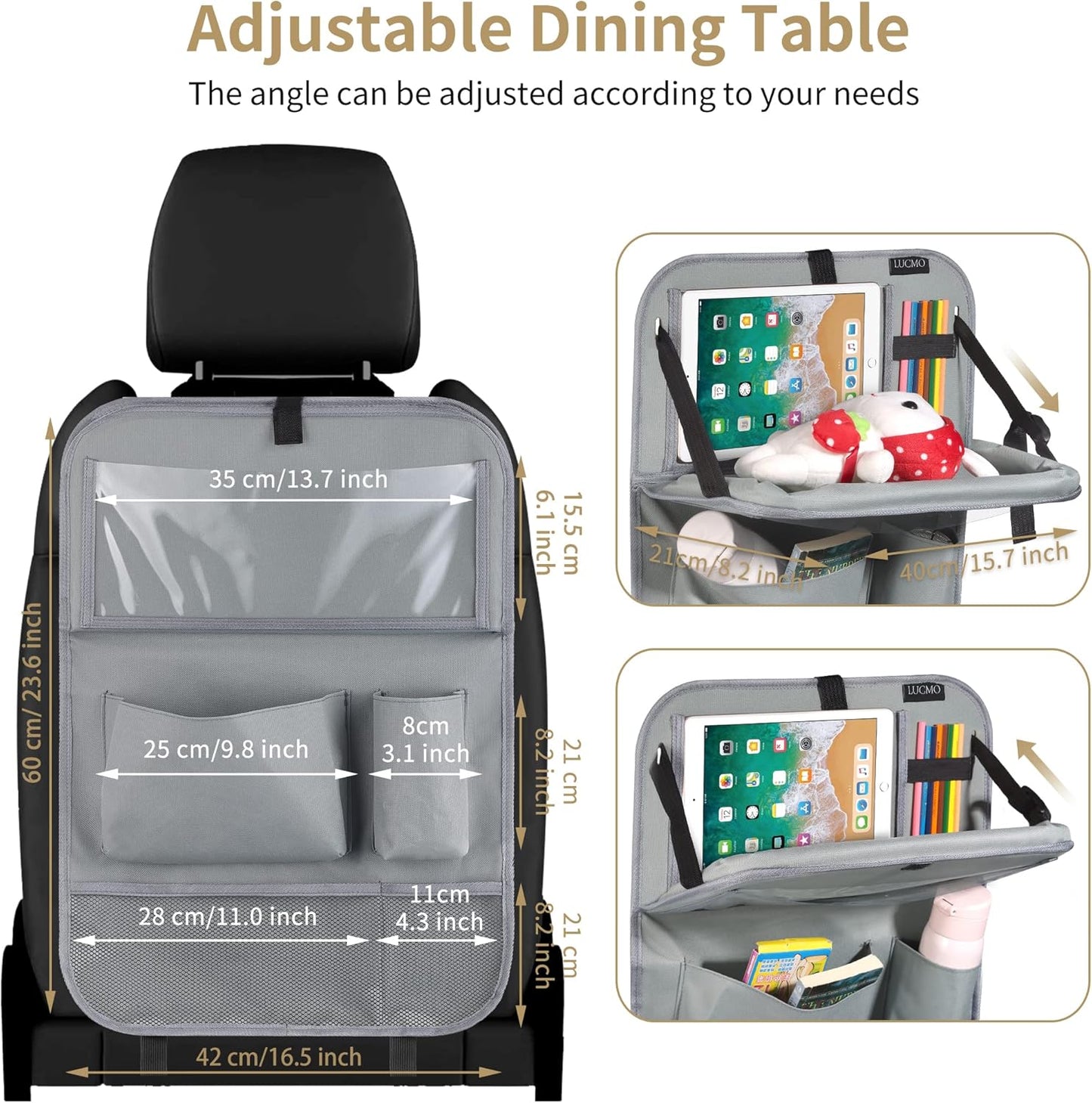 LUCMO Car Backseat Organizer with Tablet Holder-2 Pcs,6 Storage Pockets Car Storage Organizer with Foldable Food Tray Protectors Kick Mats Travel Accessories-Grey