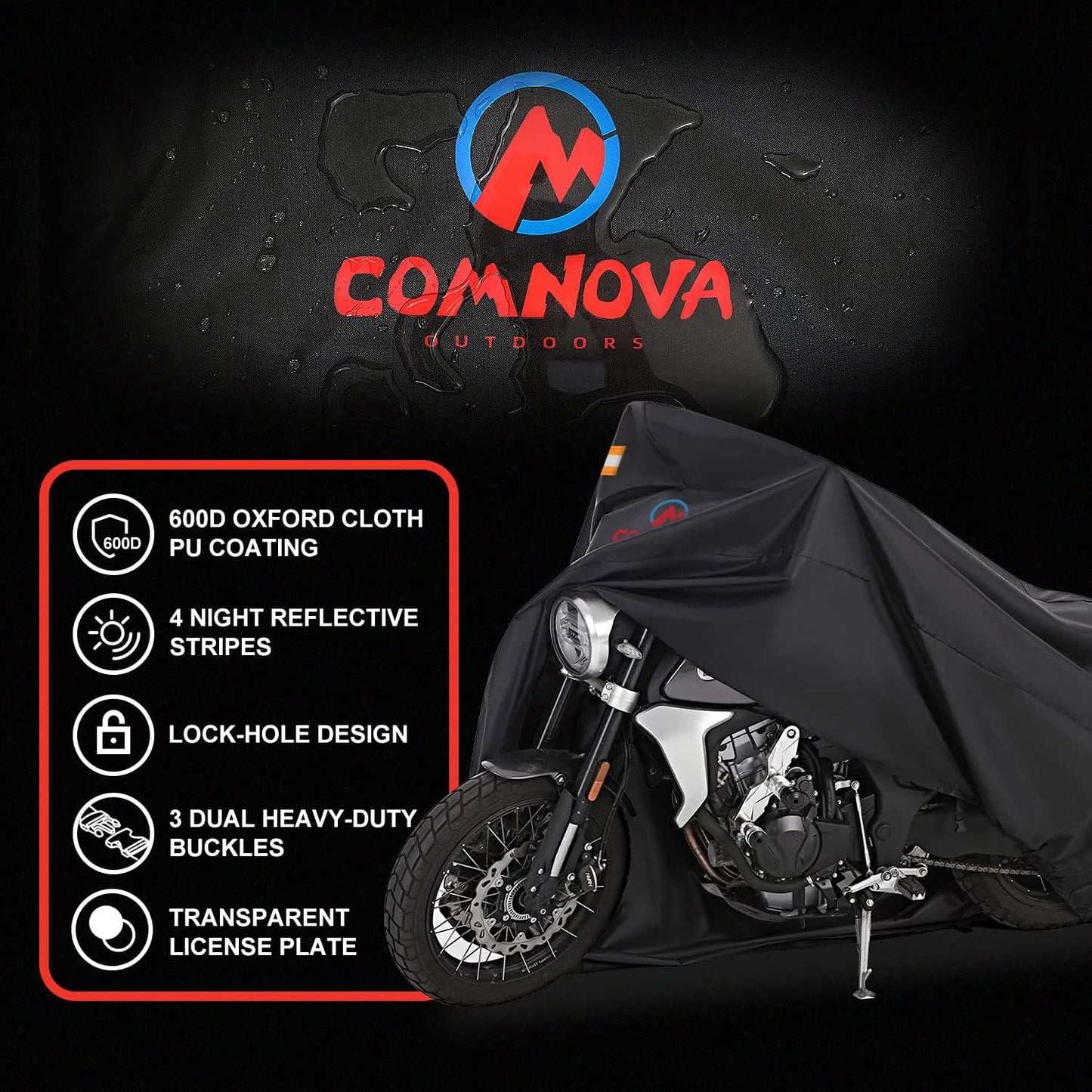 Comnova Motorcycle Cover 91 Inch - 600D Outdoor Moped Cover with Lock Hole Universal Fit, Heavy Duty & Waterproof Motor Cycle Protection for Harley, Honda, Kawasaki, Fit Up to 91" Motorcycles