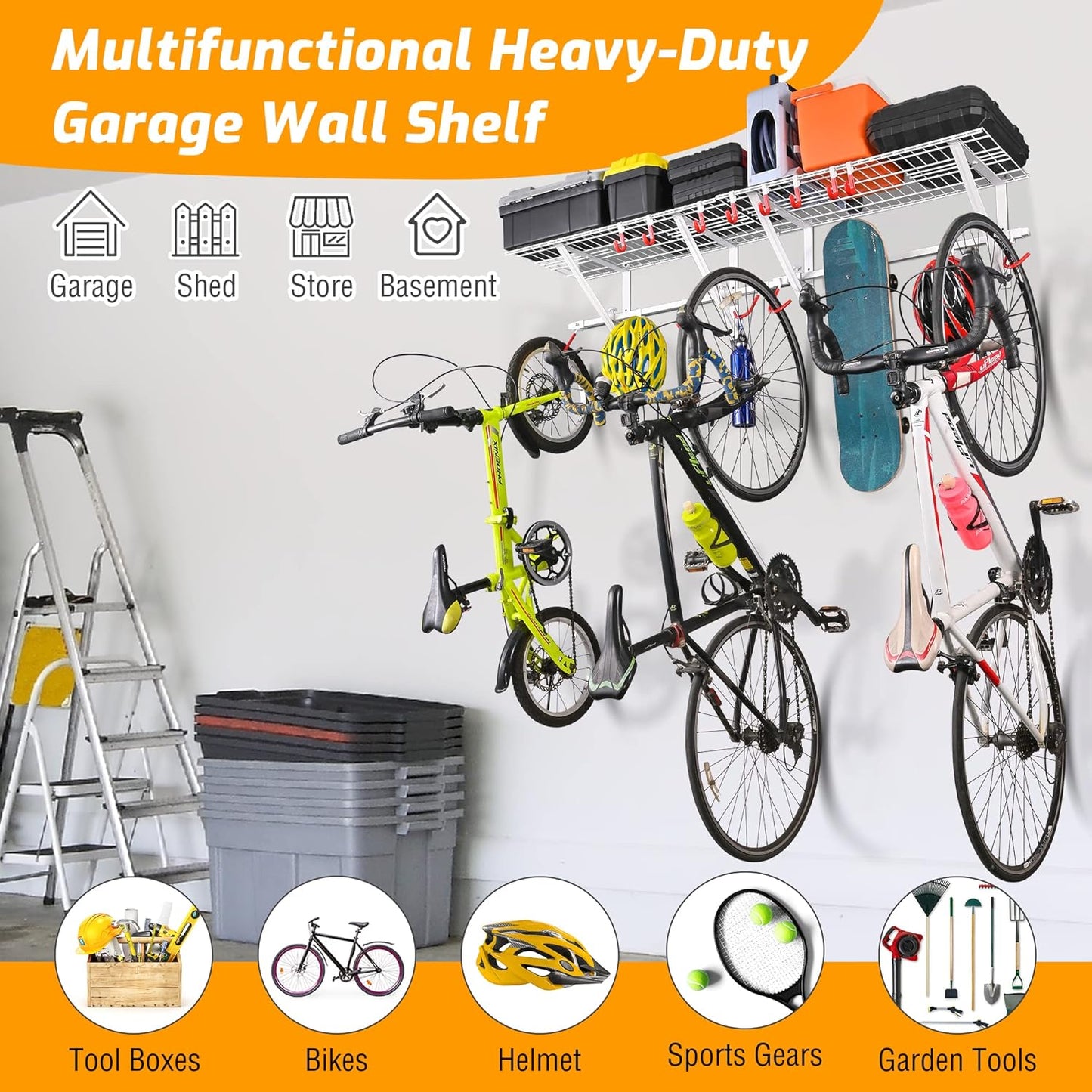 PLKOW Garage Wall Shelving 4-Pack Includes Bike Hooks, Sturdy Adjustable Garage Shelving Wall Mount Garage Wall Organizer (Black, 4-Pack)