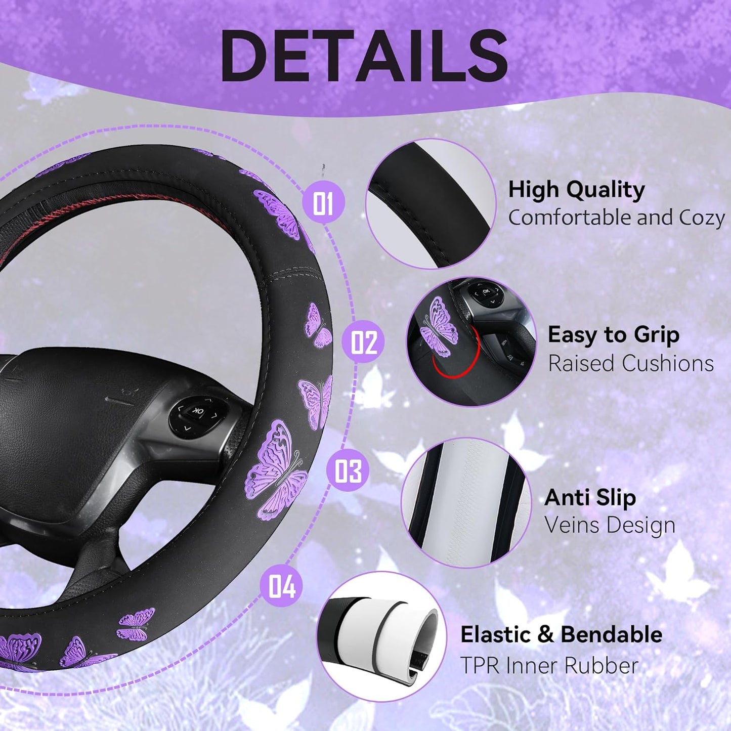 CAR PASS Universal Butterfly Car Seat Covers Front Set, Embroidered Flower Waterproof Car Floor Mats Carpet, Butterflies Steering Wheel Cover for Car Accessories Interior Sets (Black and Purple)