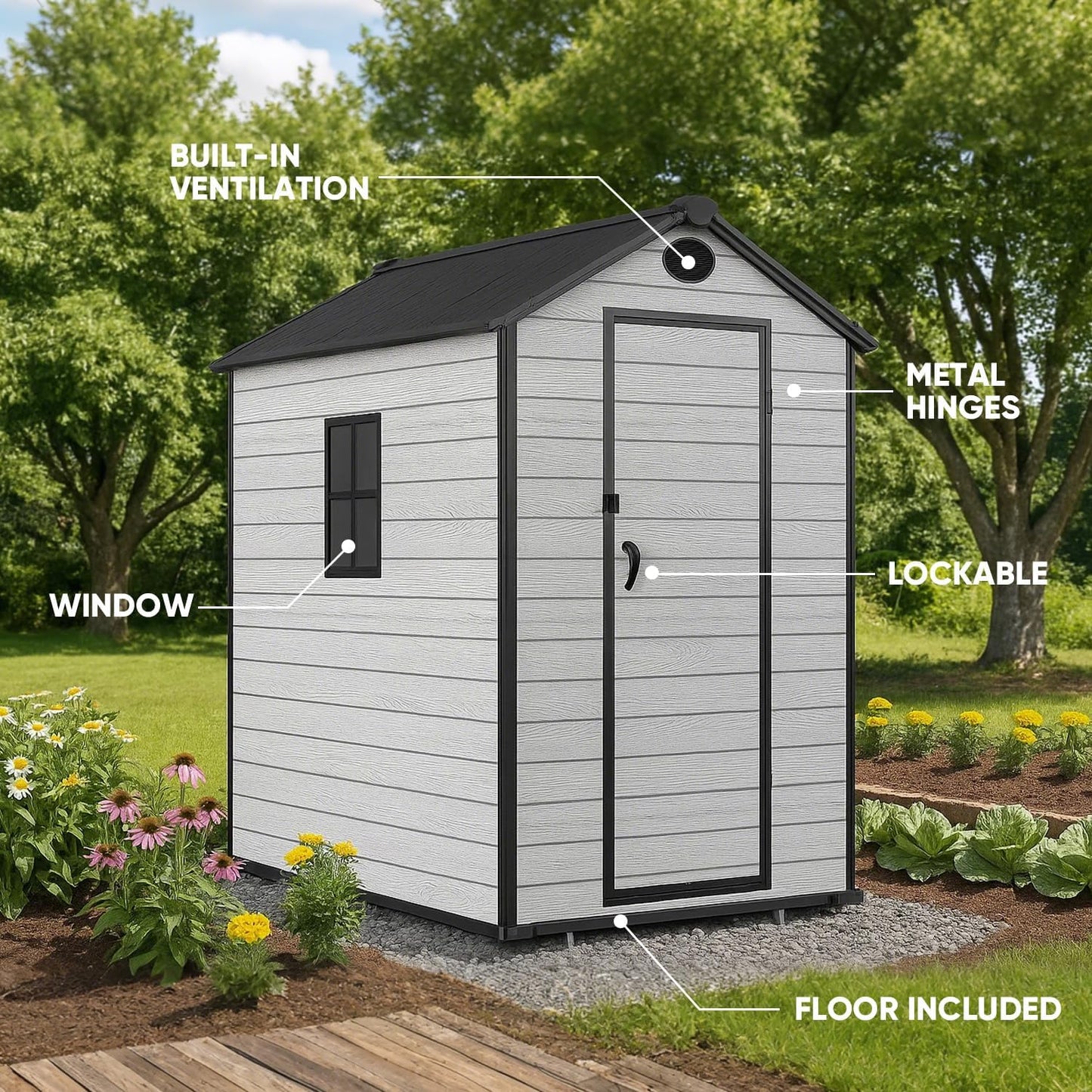4 x 6 FT Shed Resin Outdoor Storage with Floor, 230 cuft Plastic Shed with Window and Lockable Door for Garden, Backyard, with Wood Texture, Grey