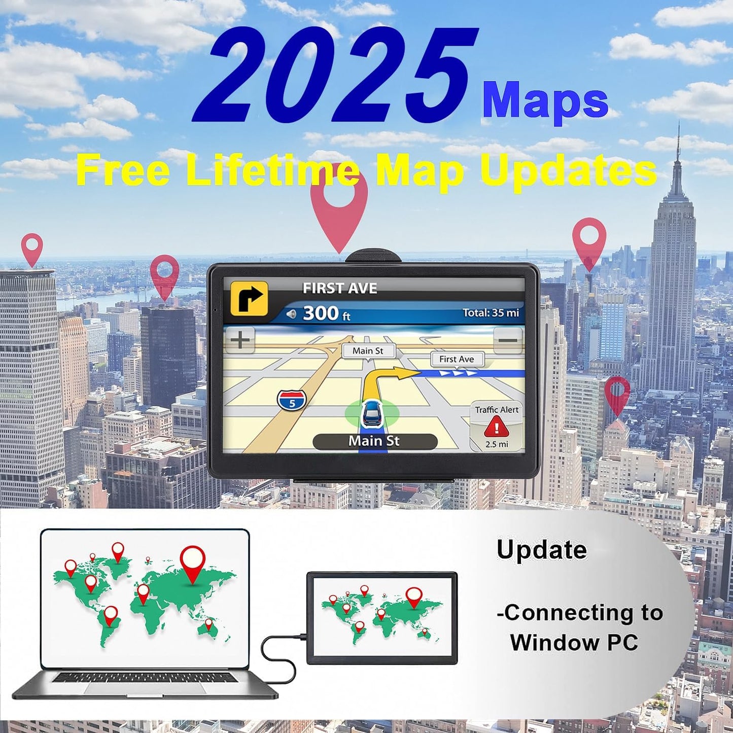 GPS Navigator for Car, Latest 2025 Map 7 inch Touch Screen Car GPS 256-16GB, Voice Turn Direction Guidance, Support Speed and Red Light Warning, Pre-Installed North America Lifetime map Free Update