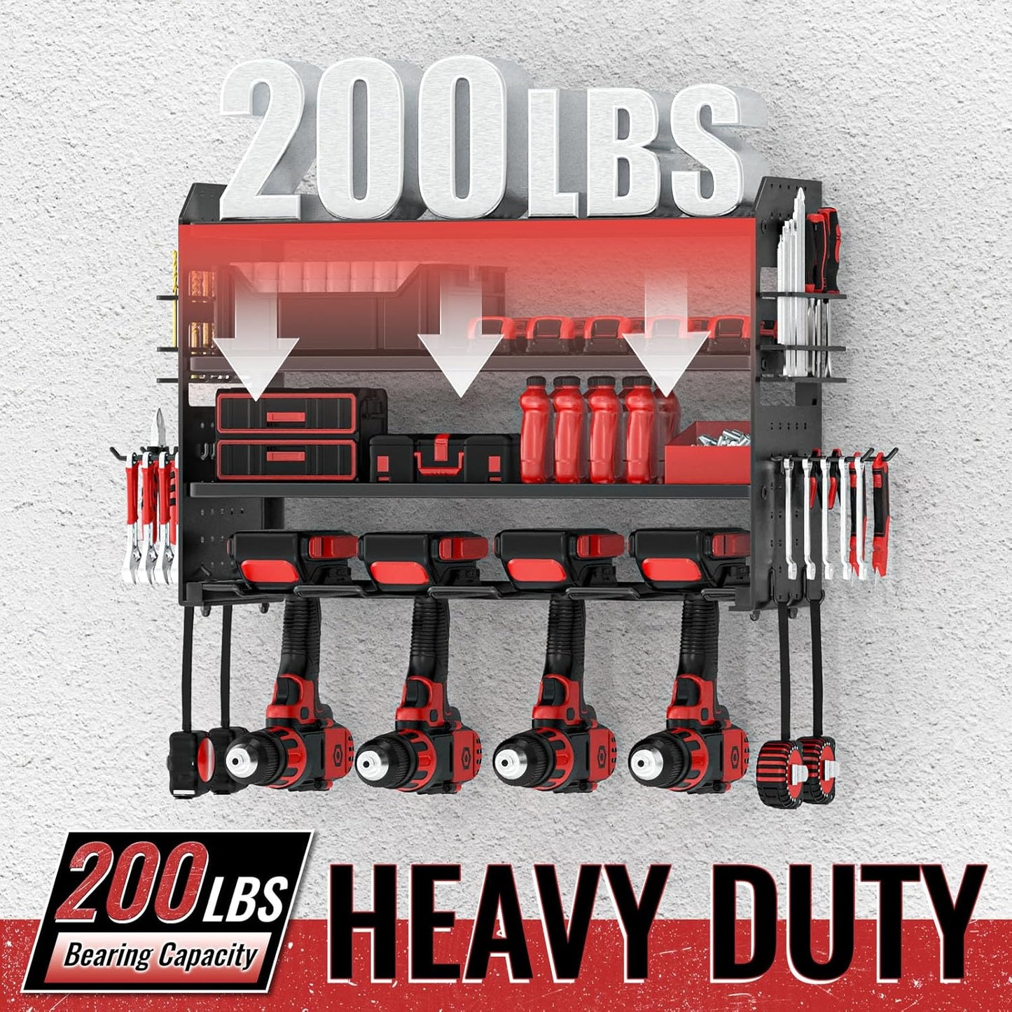 Power Tool Organizer Wall Mount, Metal Power Tool Storage Rack with Screwdriver Holder, Garage Tool Storage Shelves with Screwdriver Holder Plier Holder (Black, 4 Drills Holder)