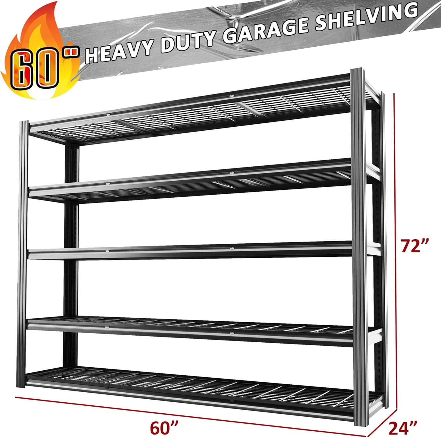 60" W Garage Shelving 5-Tier Storage Shelves Adjustable Metal Shelving Units 3030LBS Storage Shelves Heavy Duty for Industrial, Warehouse, Basement,72" H × 60" W × 24" D