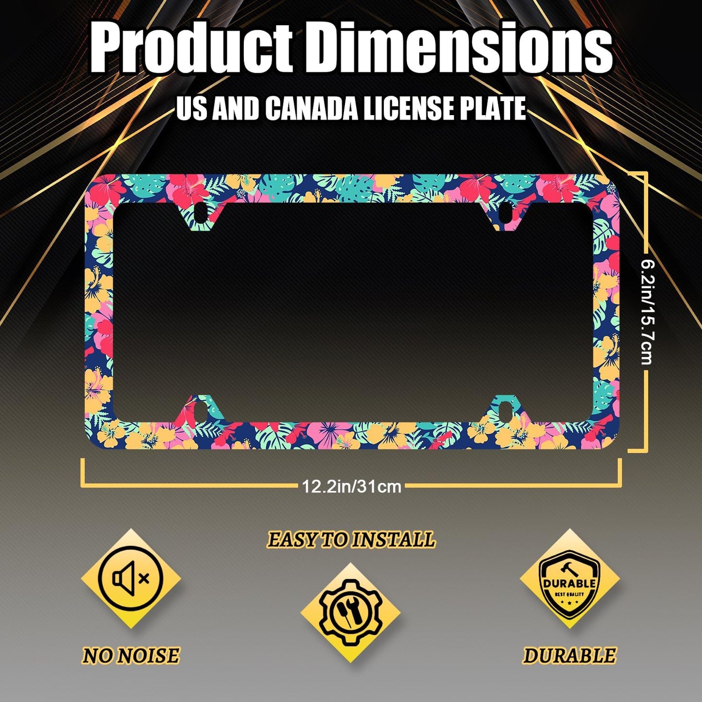 Tropical Hibiscus Flower License Plate Frame Colorful Floral Leaves License Plate Holder Funny License Plate for Car Decoration Stainless Steel Hawaii Auto Parts with Screws 12.3" x 6.3"