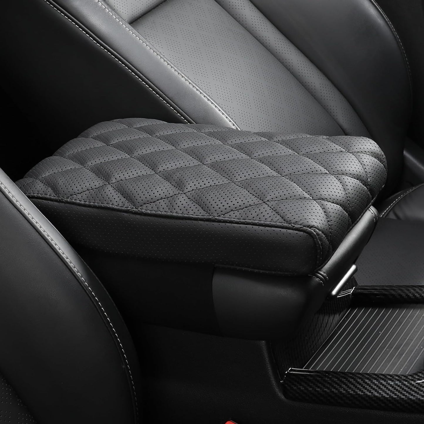 Car Center Console Cover pad Genuine Cowhide Leather,Black Armrest Box mat, Vehicle Arm Rest Cushion Protector,Memory Foam true cow Leather (sizeB 14 x 8 x 2.2 inch(midsize cars and SUVs)