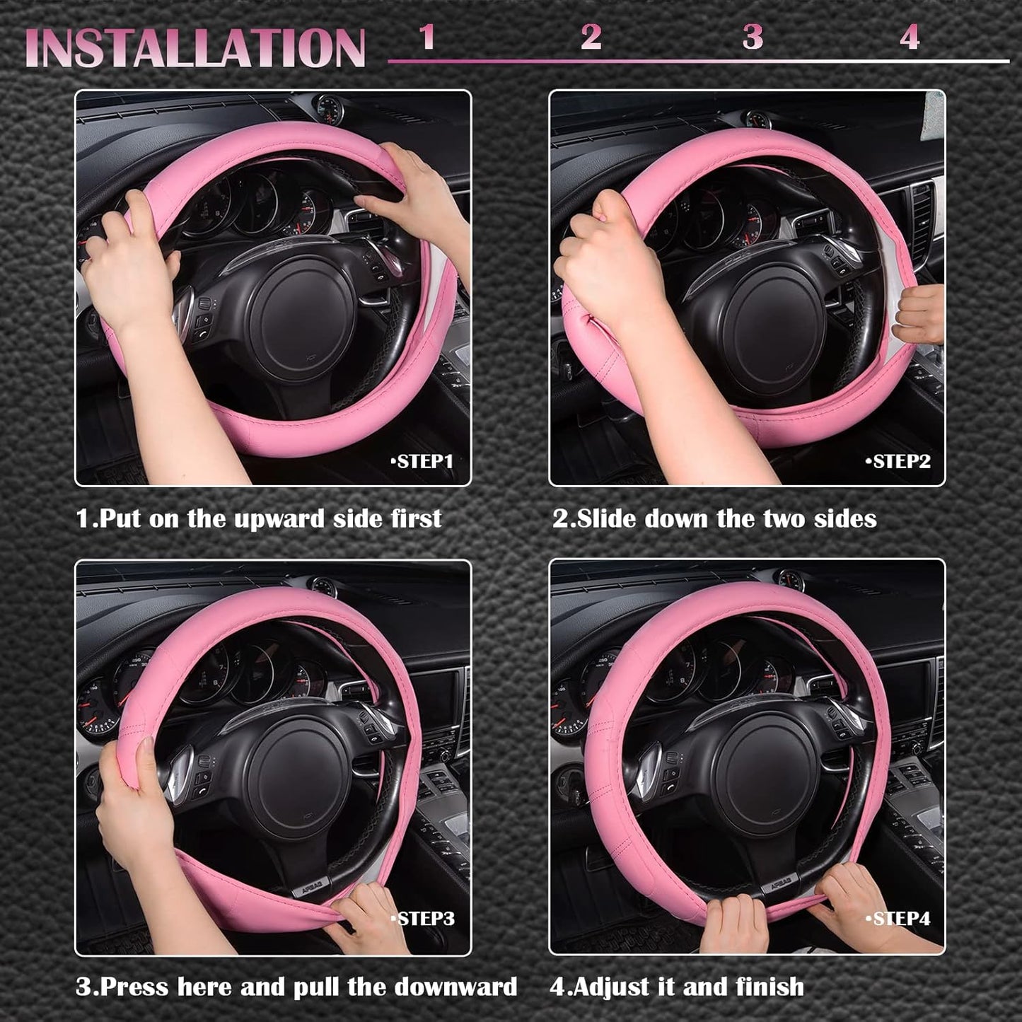 CAR PASS Line Rider Microfiber Leather Sporty 14.5-15 inch Car Steering Wheel Cover Universal Fits for 95% Cars Sedans SUV Trucks, Anti-Slip Safety Comfortable Design (Pure Pink)