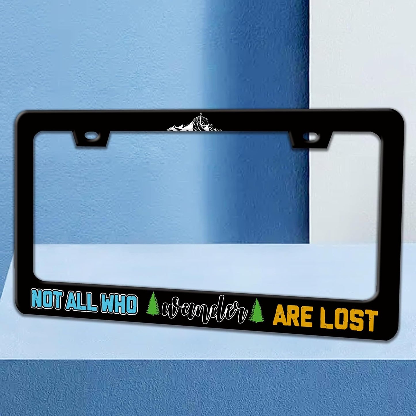Not All Who Wander are Lost License Plate Frame Mountains Compass License Plate Holders Funny Stainless Steel Auto Accessory Bracket 2 Hole with Screws Universal Us Car License Plate Frames 6x12 Inch