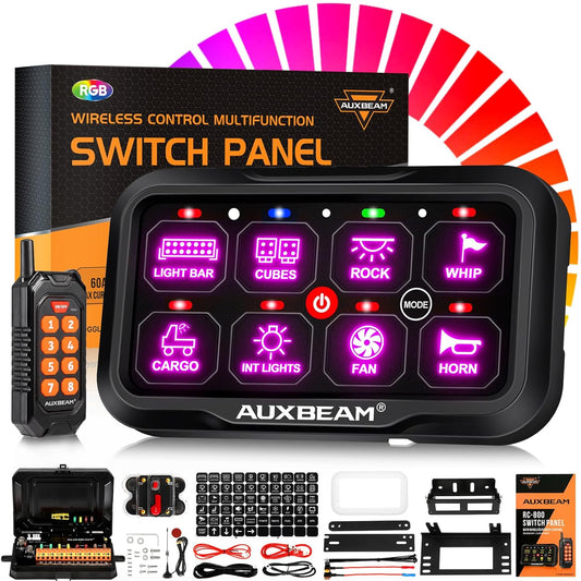 Auxbeam 8 Gang Switch Panel RC-800 RGB Wireless Remote Control Range Up to 165FT Multifunction Switch Pod 3 lighting modes with Backlit Off and Auto Dimmable for RV Offroad Waterproof 2 Years Warranty