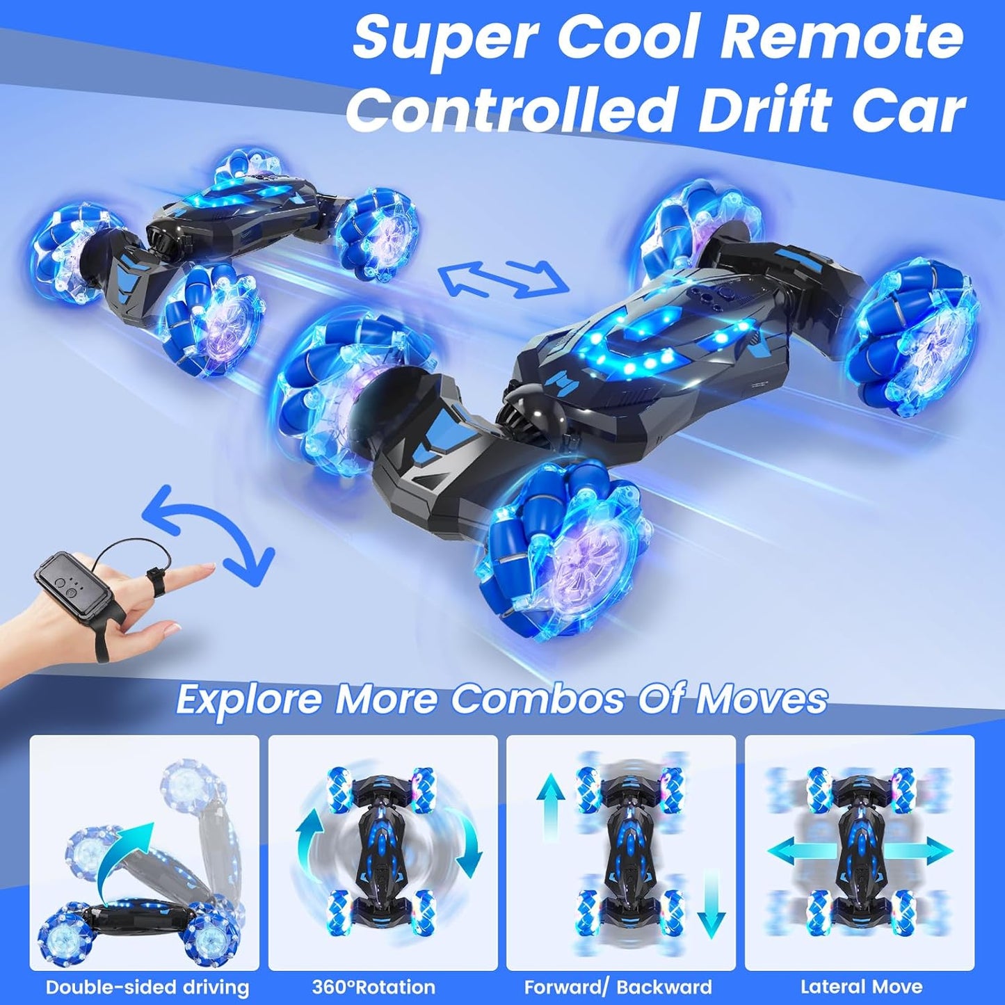 Gesture Sensing RC Stunt Car,4WD Drift Hand Controlled 360° Flips Trick Car with Lights & Music, Toys car is Cool Birthday Gift for Kids Ages 7-12
