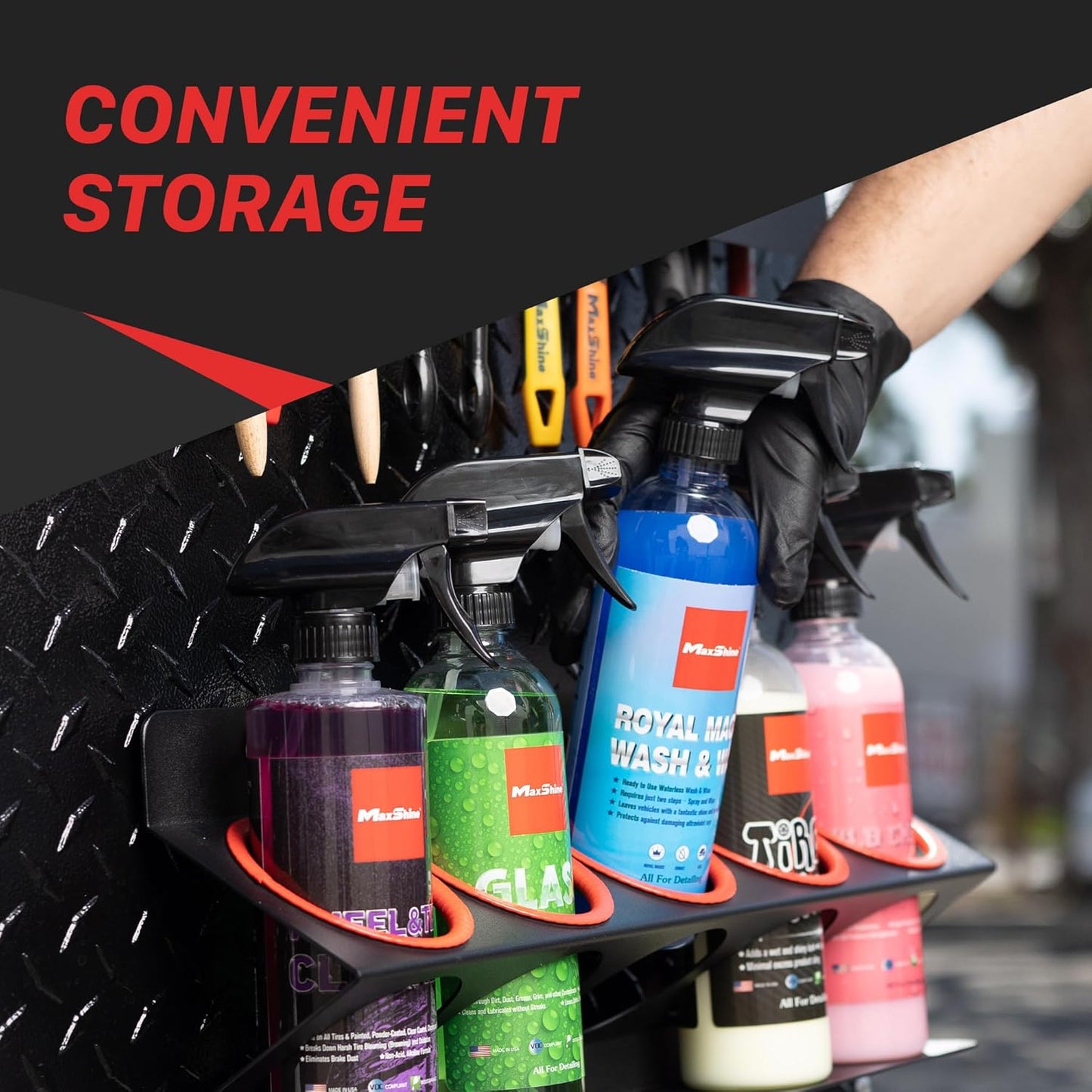 Maxshine Universal Spray Bottle Holder (16oz/34oz) - Holds 7 IK Trigger Sprayers with 3 Small Holes, Sturdy & Lightweight Wall-Mounted Organizer for Detailing Accessories