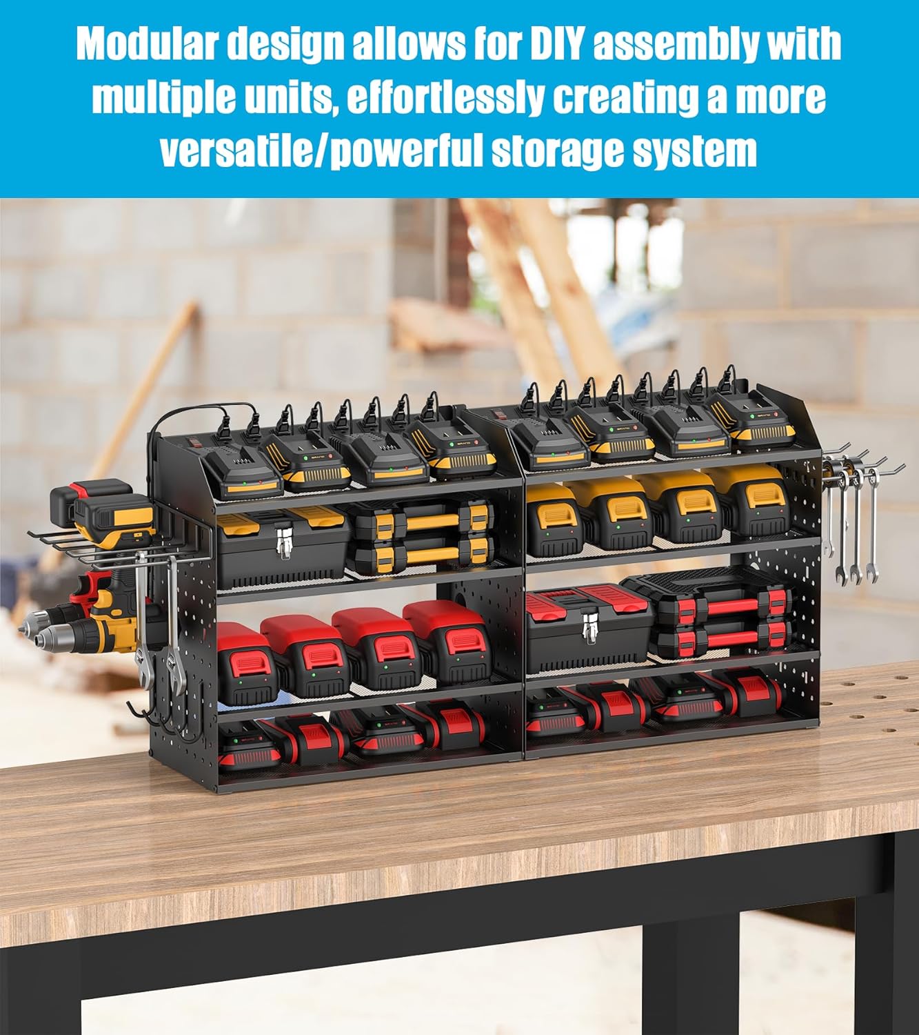 CCCEI Modular Desk Power Tools Organizer with Charging Station, 4 Layer Drills Battery Storage Wall Mount, Garage Shop Organization, Anniversary, Birthday, Gifts for Men, Father, Black, 10FT Cord.