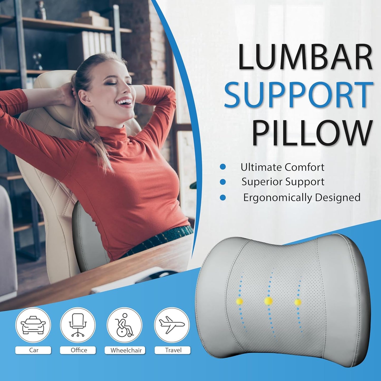 Classic Memory Foam Lumbar Cushion Provides Excellent Back Support and Pain Relief - Back Cushion for Driving, Chair Support for Car-Office Chair, Wheelchair - Classic Gray