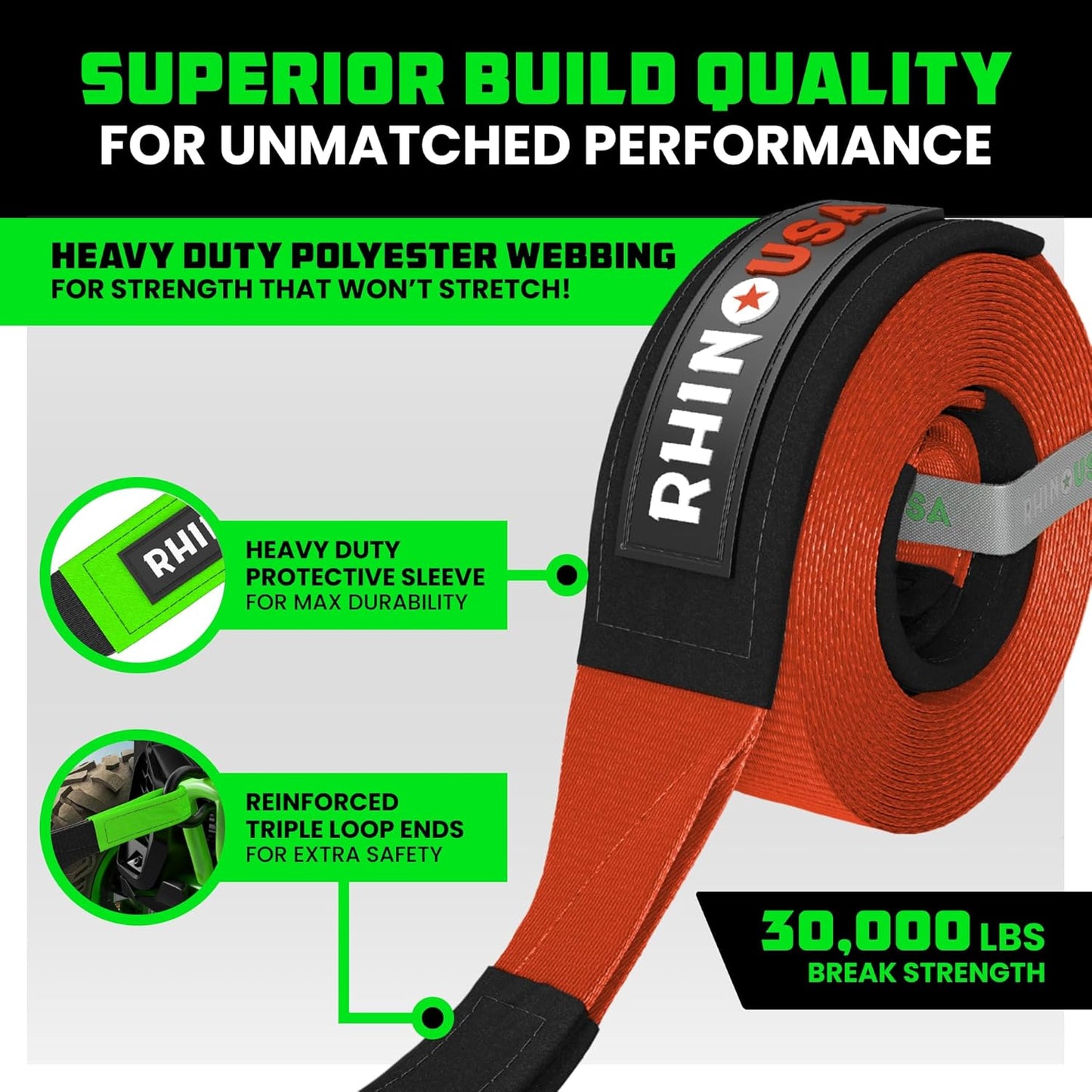 Rhino USA Recovery Tow Strap (4" x 30') - 40,320lb Break Strength - Emergency Recovery Strap Tow Rope for Diesel Trucks, Backhoe, Excavators & More - Heavy Duty Towing Strap for Offroad 4x4 Use (Red)