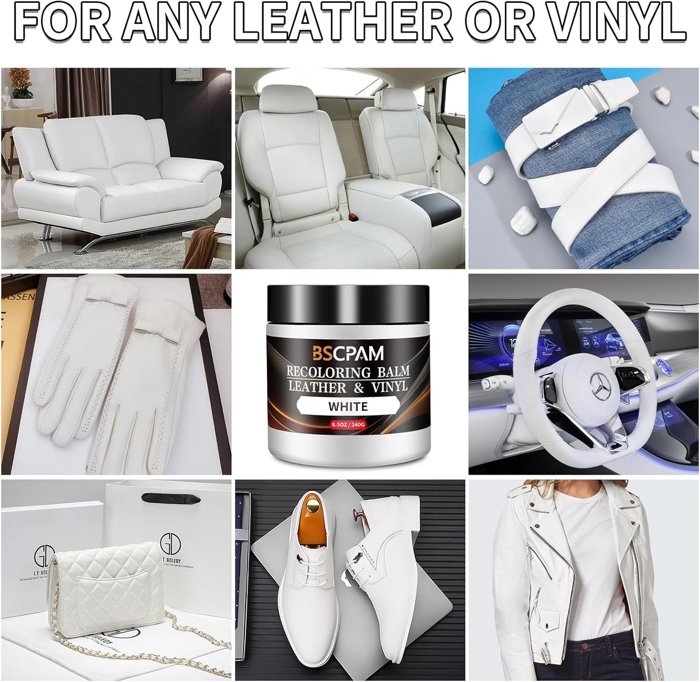 White Leather Recoloring Balm,Leather Couch Scratch/Stain Remover,Leather Repair kit for Vinyl Furniture and Car Interior,Leather Dye Paint for Scratched and Faded Leather Couches