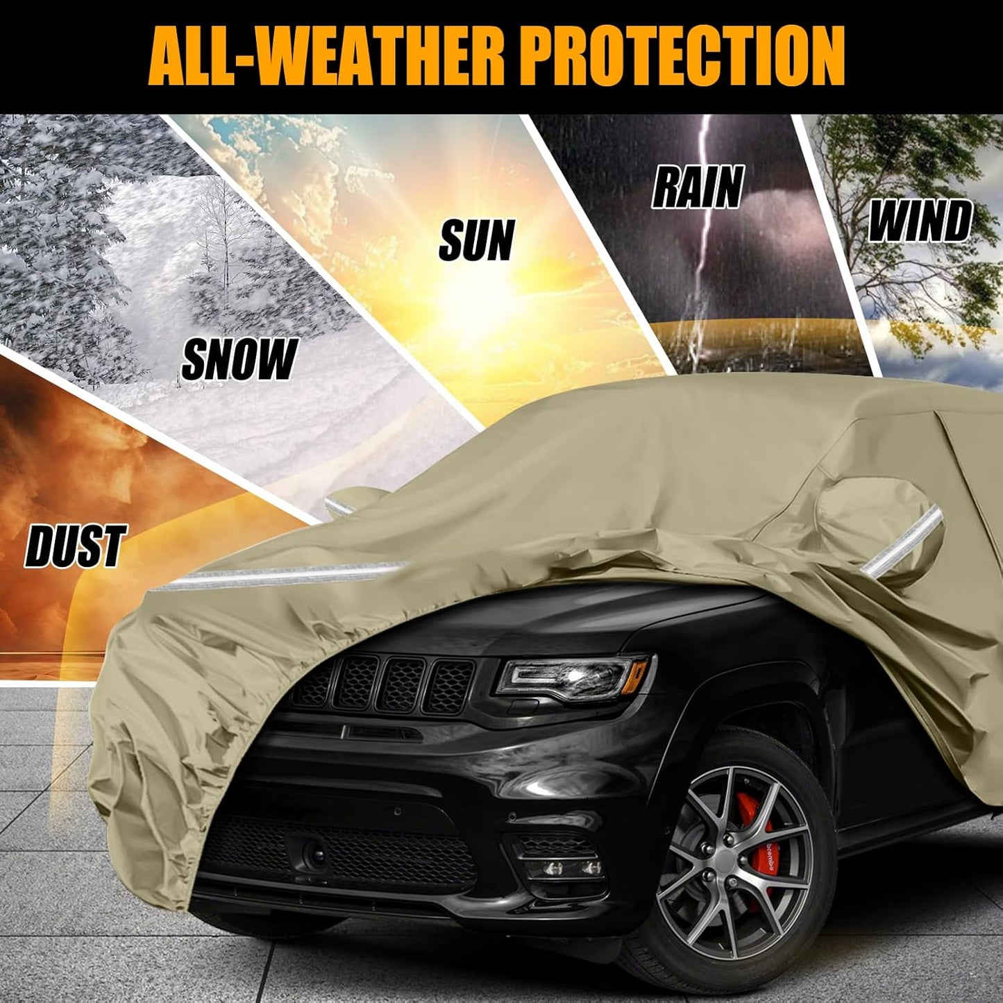 Waterproof Car Covers Replace for 2011-2025 Jeep Grand Cherokee, Multilayer Heavy Duty with Cotton Liner All Weather Car Cover with Zipper Door, Windproof Bands for Snow Rain Dust Protection