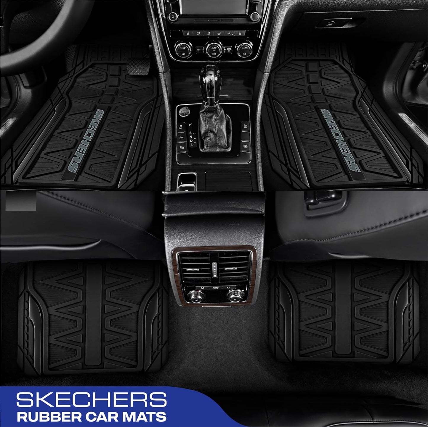 Skechers Car Floor Mats,Heavy Duty Rubber Car Mats Full Set,All WeatherFloor Mats,Waterproof Trim to Fit Universal Floor Liner Car Accessories,Automotive Floor Mats for Cars Trucks SUV,Black