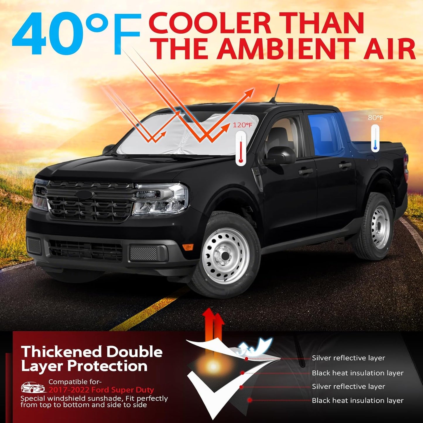 KAYZT Windshield Sun Shade for 2017-2022 Ford F250 F350 F450 F550 Super Duty Foldable Sunshade Pickup Front Window Custom Fit Car Accessories