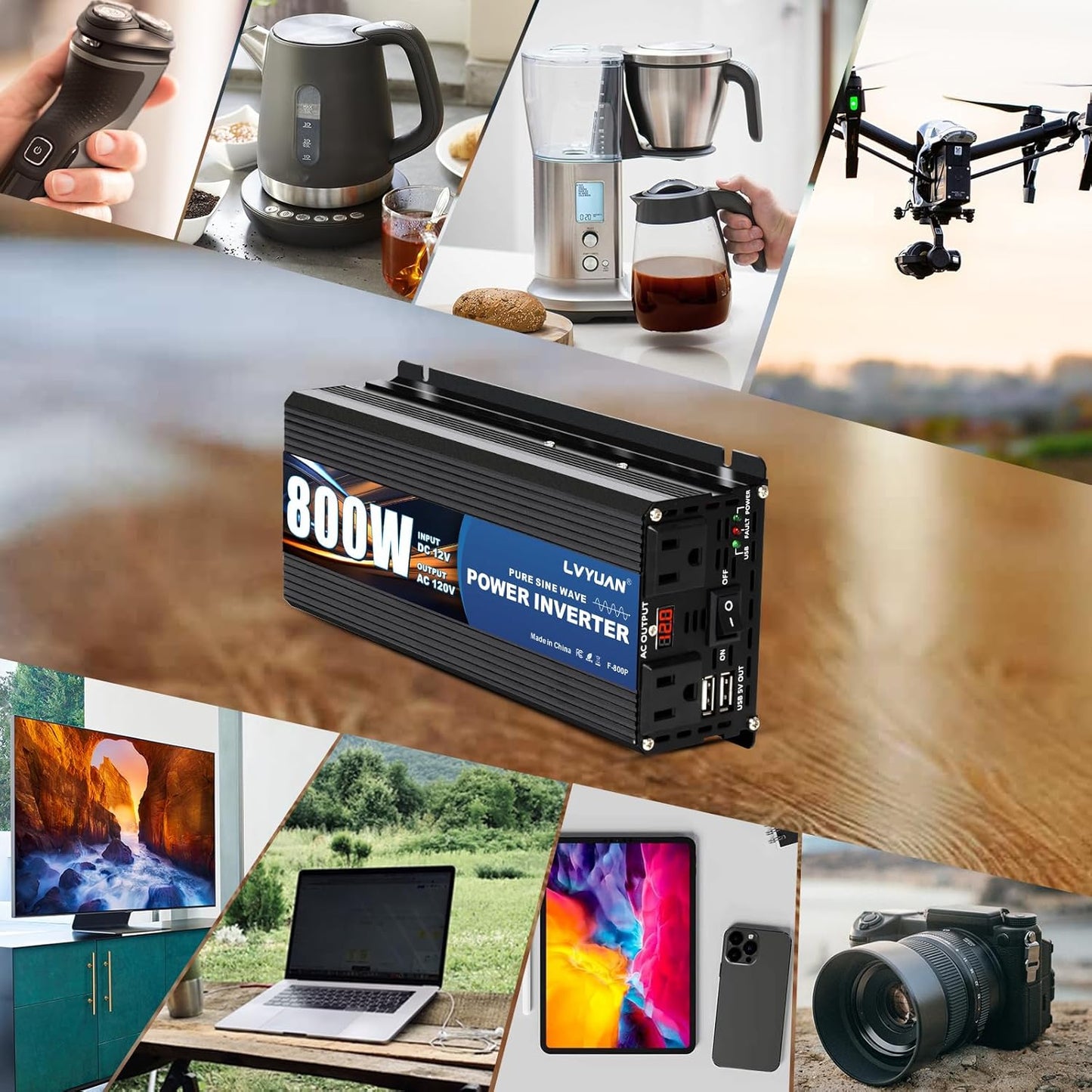 LVYUAN 800 Watt Pure Sine Wave Power Inverter 12V to 110V120V DC to AC Converter with Dual Sockets, Dual USB Ports, LED Display for Home Outdoor RV Car Power Inverter Power Adapter