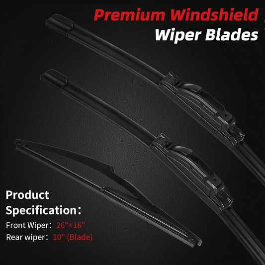 OTUAYAUTO Windshield Wiper Blades - Replacement for Toyota RAV4 2013 2014 2015 2016 2017 2018, Front and Rear Wiper Blades for My Car, U/J Hook - 26"+16"+10" (Pack of 3)