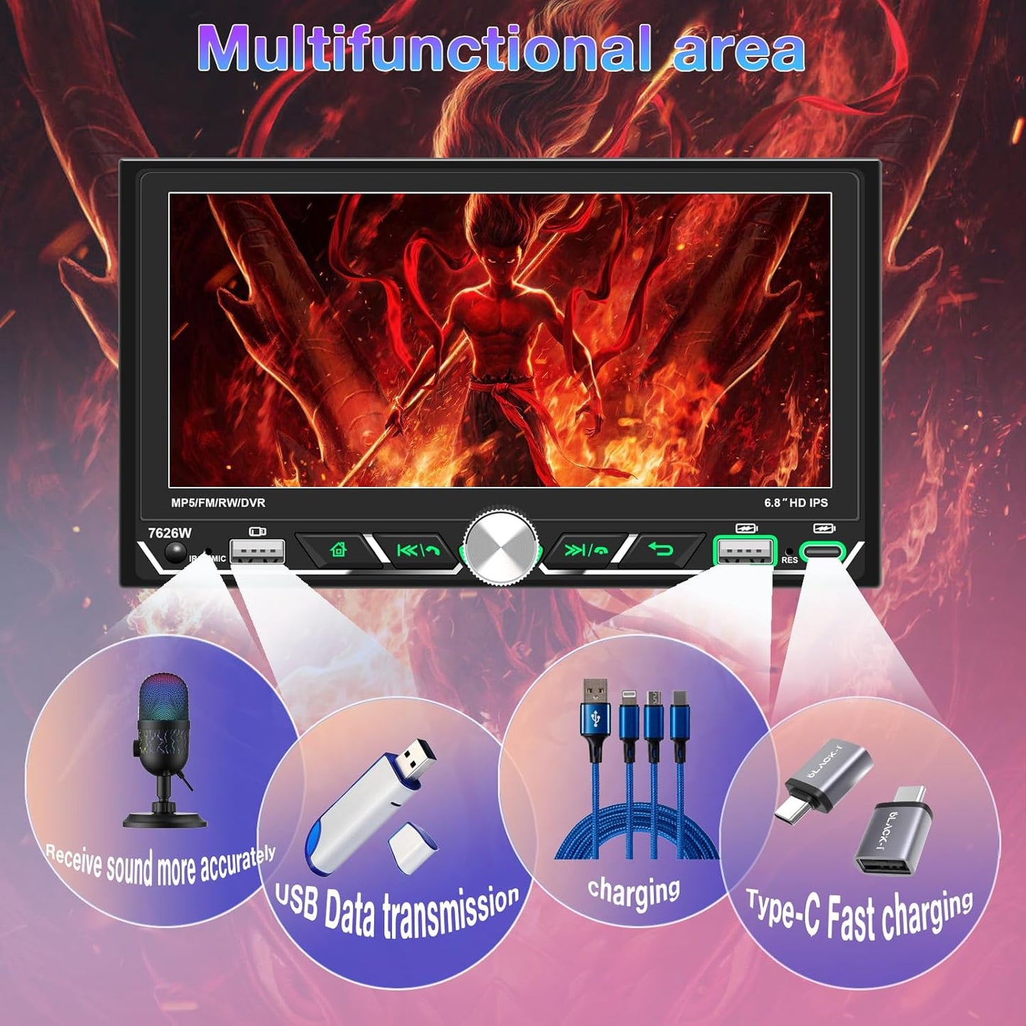 Wireless Apple CarPlay,Double Din Car Stereo,Bluetooth 5.2,FM AM Car Radio,HD 1280*600 Display,6.8" IPS Touchscreen,GPS Navigation,Android Auto,Backup Camera,MP5,Subwoorf,Type-C Fast Charging,Dual USB