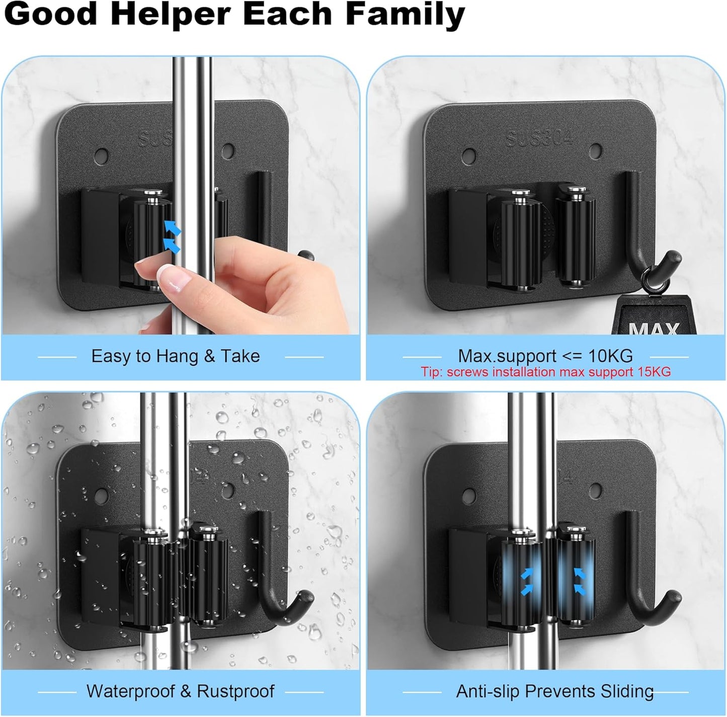 4 Pack Mop and Broom Holder Wall Mount - Stainless Steel Broom Mop Hanger - Wall Mounted Garden Tool Rack Organizer for Closet Garage Laundry Room Kitchen Decor (Black)