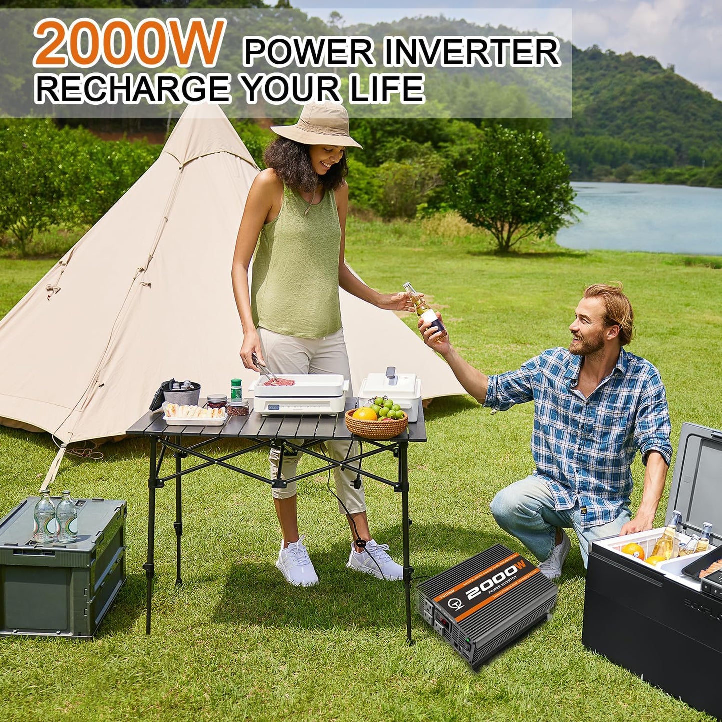 2000 Watt car Power Inverter 12V to 110V/120V Inverter for car Truck semi Truck Vehicles Camping with 1 USB Ports and 2 AC Outlet Power Converter with LCD Display 2000W Inverter