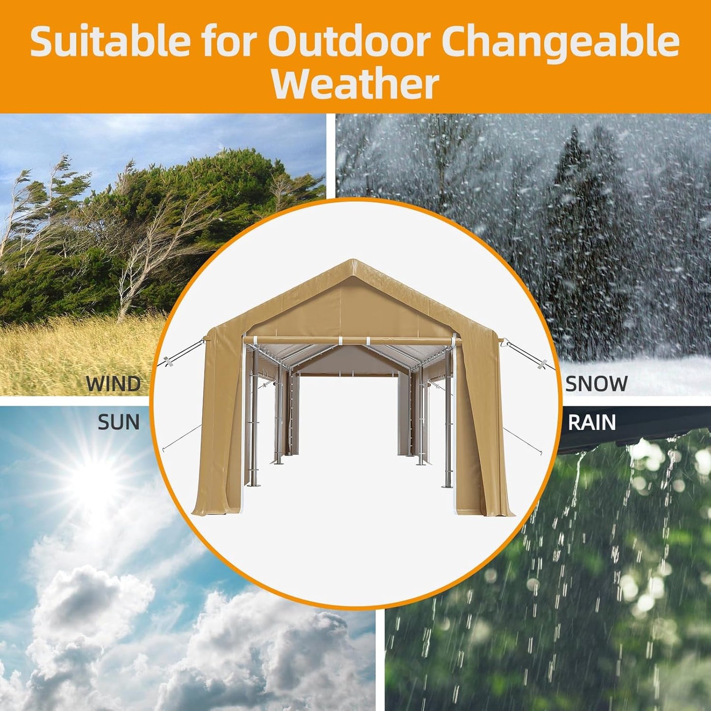13x20ft Heavy Duty Carport Outdoor Canopy Portable Garage with 4 Doors & 4 Windows Waterproof UV Resistant Storage Shelter with Removable Sidewalls for Car Truck Boat, Earthy Yellow