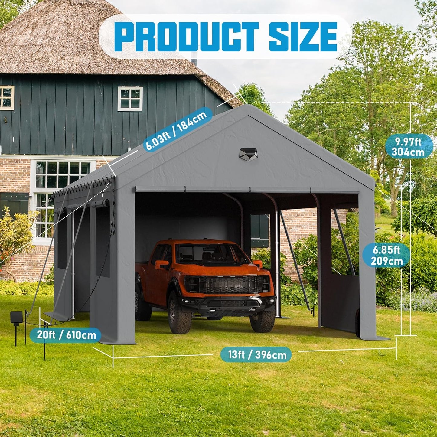 12x20 Carport, Heavy Duty Carport Canopy Garage with Removable Sidewalls and Drive Through Roll Up Zipper Doors & Side Doors, Grey